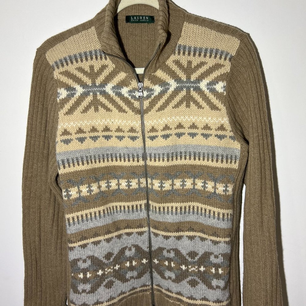 Ralph Lauren Fair Isle Wool Cashmere Cardigan Sweater Zip Front Tan - Size S